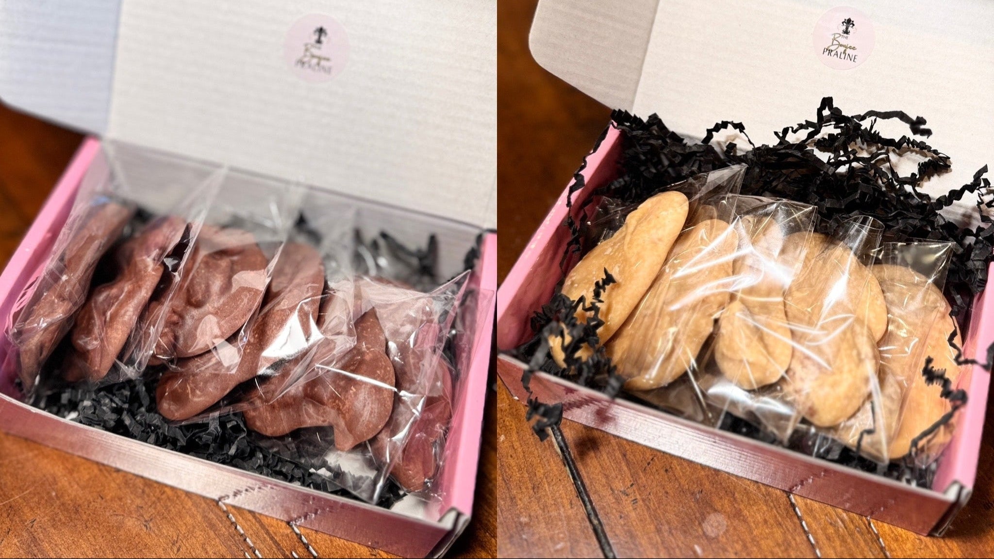 Two views of a box containing cookies on a wooden surface