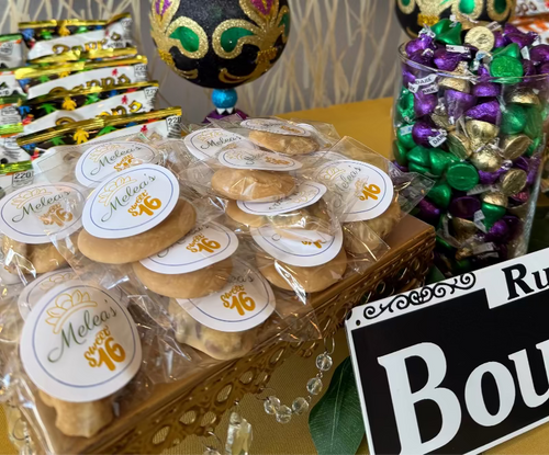 Mini handmade New Orleans pecan pralines individually wrapped with custom labels for wedding favors, parties, and gifts
