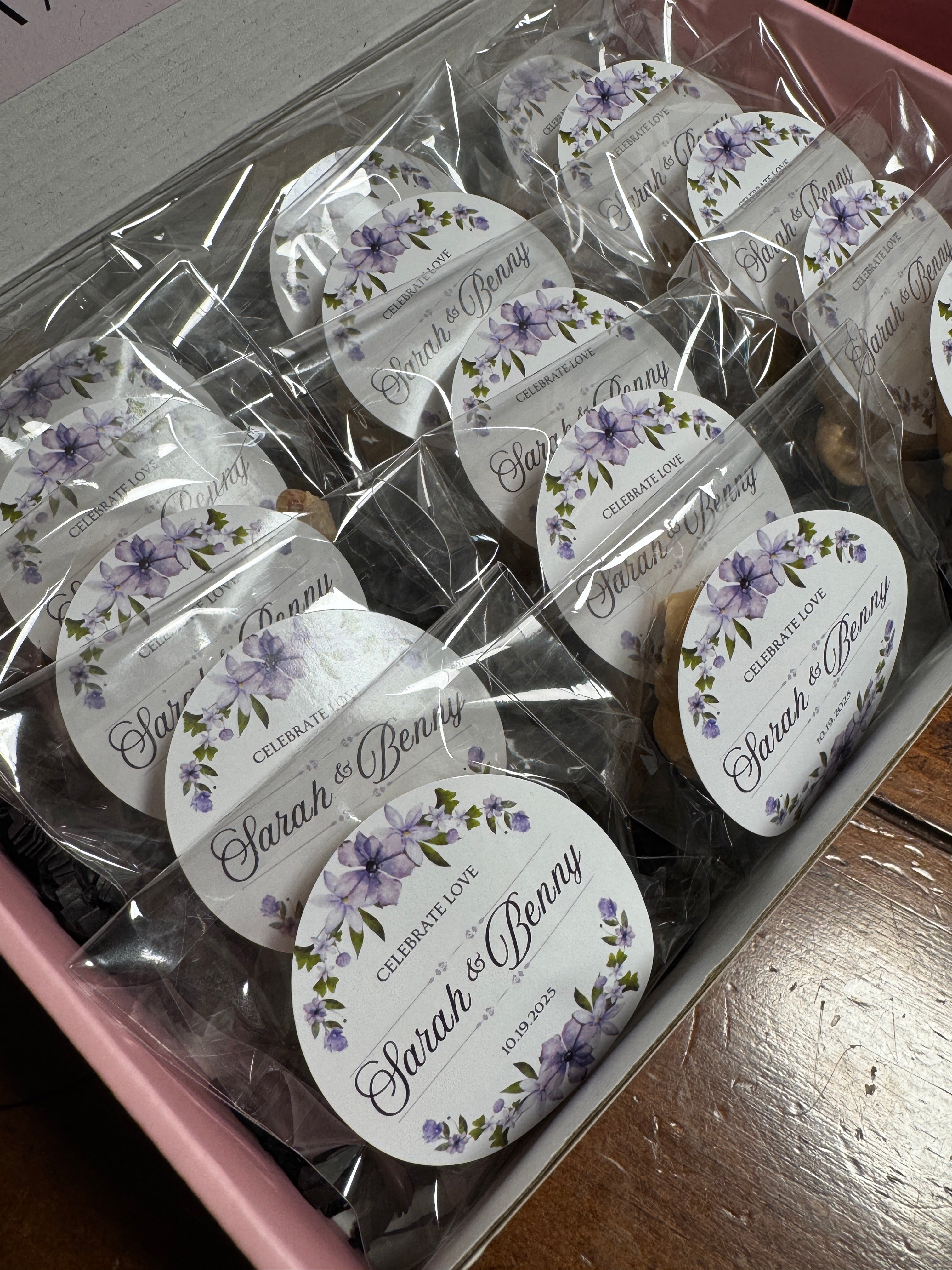 Biscuits with decorative labels in a box